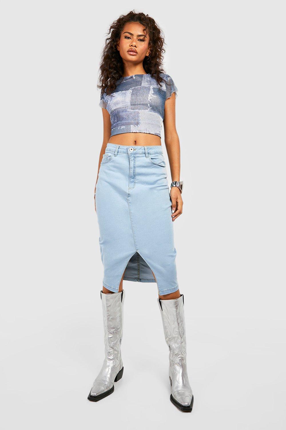 Denim midi cheap skirt boohoo